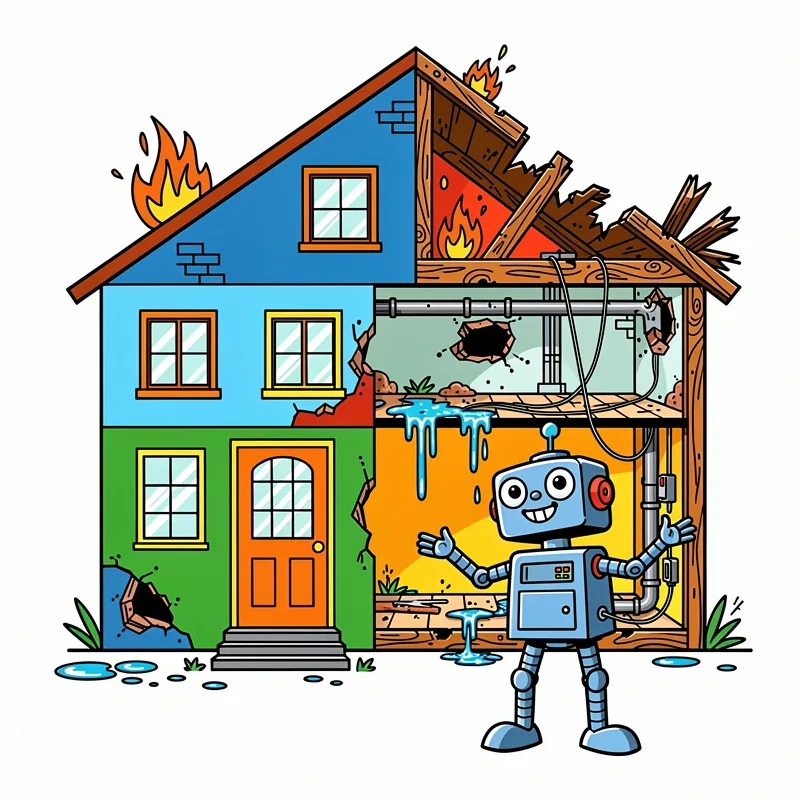 A cartoon illustration shows a blue, green, and orange house in cross-section with severe damage including fire on the roof, broken walls, water leaks, and exposed plumbing, while a cheerful blue robot character with a wrench stands in front giving a thumbs up.