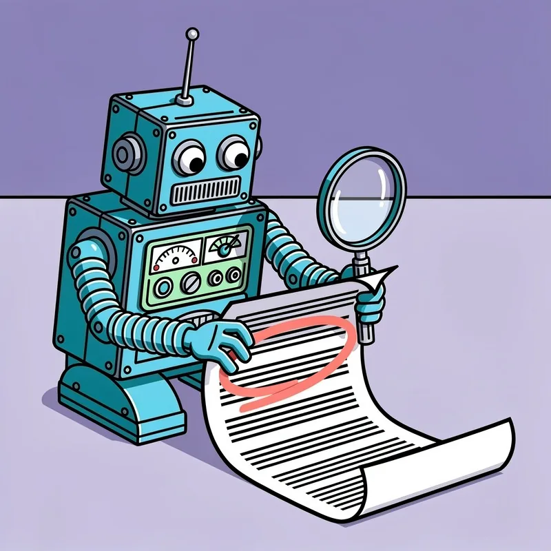 A turquoise retro-style robot with segmented arms, large round eyes, and an antenna sits examining a long paper document with a magnifying glass, highlighting a section in coral/pink color. The background is split between purple tones with a darker horizontal line dividing the upper and lower sections.