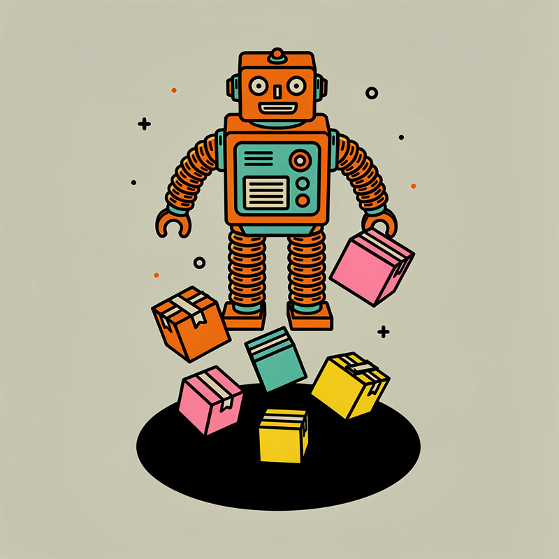 A retro-style orange and teal robot with a corrugated arms and legs dropping boxes into a hole