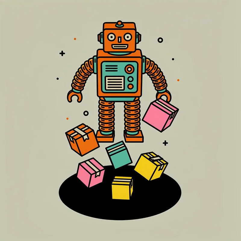 A retro-style orange and teal robot with a corrugated arms and legs dropping boxes into a hole
