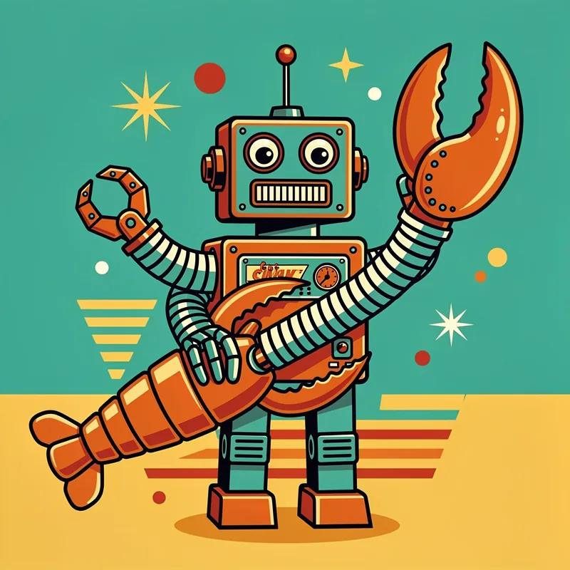 Retro 1970s toy robot with boxy square head, rectangular body, accordion tube arms with claw hands, square head with single antenna on top, two circular eyes, rectangular mouth grille holding an absurdly large robotic lobster claw
