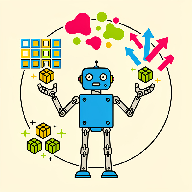 A blue robot with a square head and cylindrical body stands in the center, surrounded by a circular arrangement of icons: colorful data grids and yellow packages on the left, pink and green cloud shapes at the top, and upward-pointing arrows in blue and pink on the right, with green packages at the bottom. The background is beige.