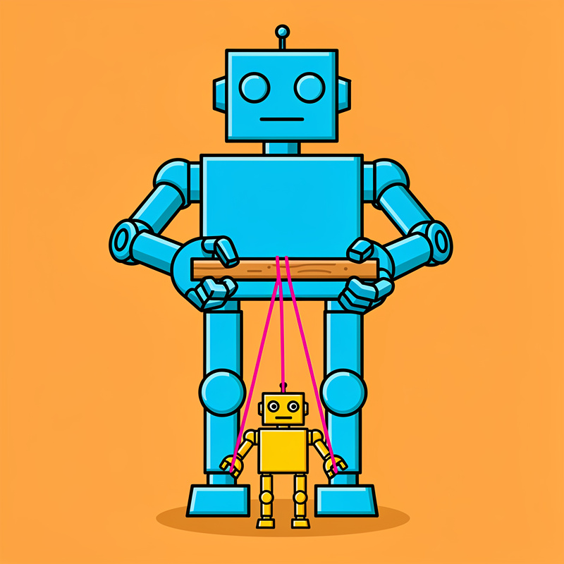 A large blue robot with a cylindrical body, round eyes, and an antenna holds a wooden stick like a puppeteer, with pink strings attached to a smaller yellow robot below it. The scene is set against an orange background, with both robots having a simple, geometric design featuring circular joints and rectangular body parts.