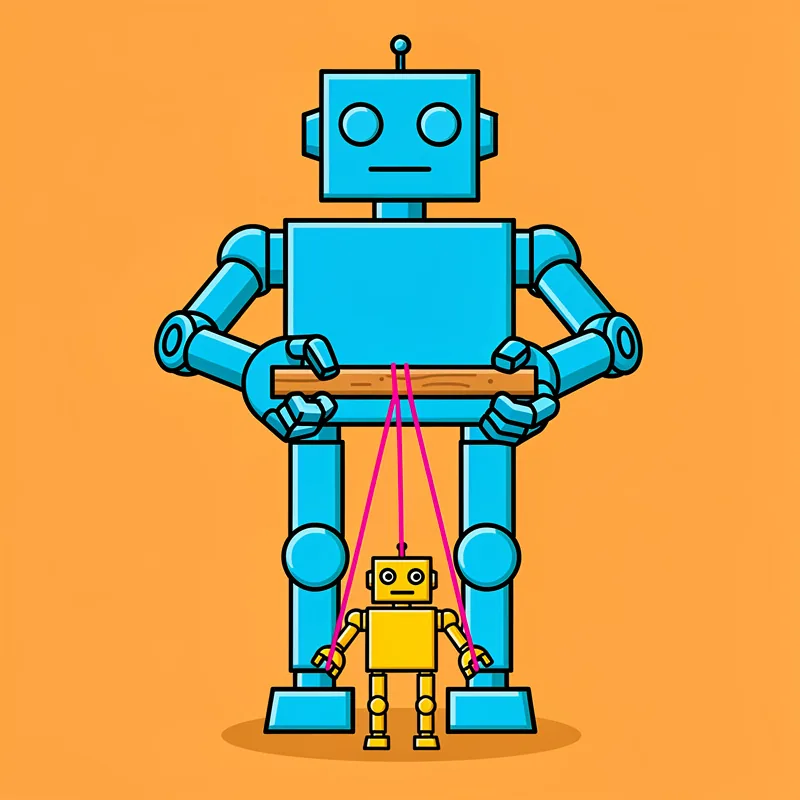 A large blue robot with a cylindrical body, round eyes, and an antenna holds a wooden stick like a puppeteer, with pink strings attached to a smaller yellow robot below it. The scene is set against an orange background, with both robots having a simple, geometric design featuring circular joints and rectangular body parts.