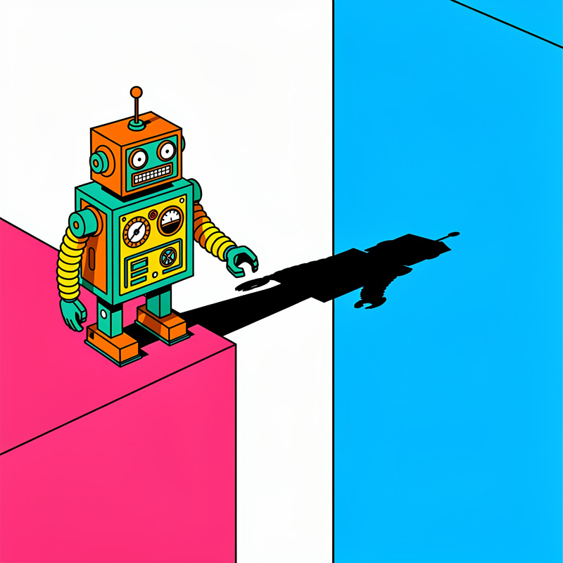 A colorful retro-style toy robot with an orange head, teal and yellow body, and yellow ribbed arms stands on a pink geometric platform, casting a dramatic black shadow of a superhero figure onto the blue wall behind it.