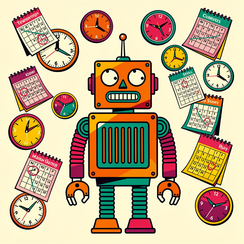 A retro-style orange and teal robot with a grimacing expression stands in the center, surrounded by multiple colorful calendars (labeled with months like "TIMHSMTWTF", "MINKUEES", "JOENI", "EFME", "SHOWS", "HUIY", and "MAIBUMP") and various analog clocks in pink, yellow, orange, and other bright colors against a pale yellow background.