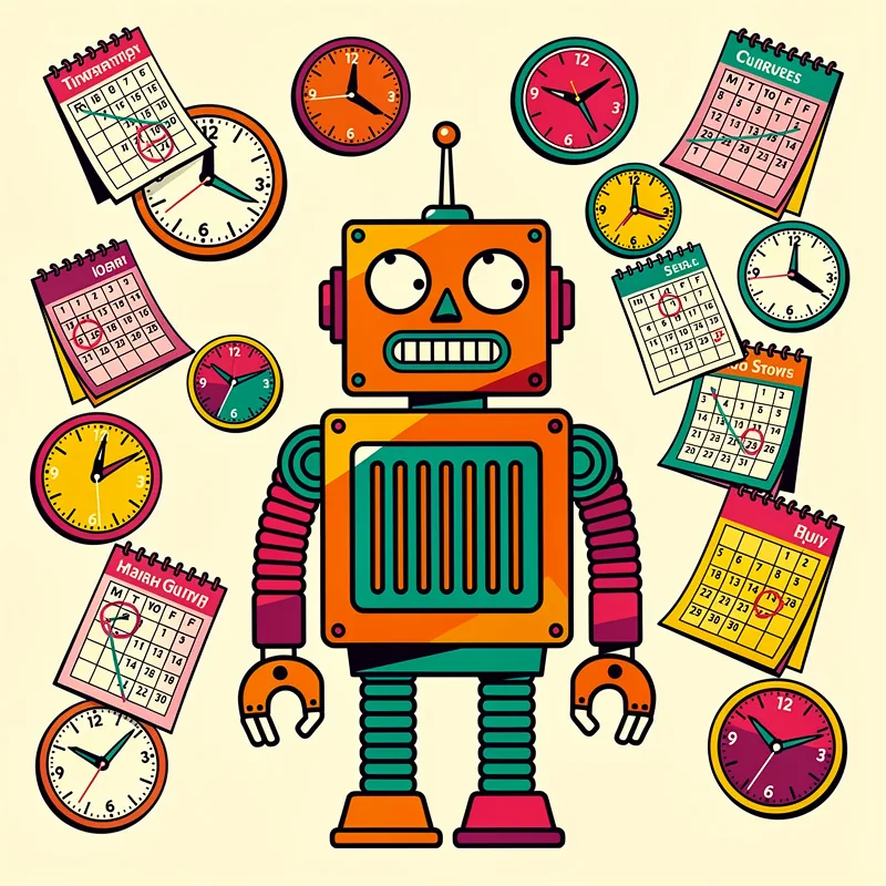 A retro-style orange and teal robot with a grimacing expression stands in the center, surrounded by multiple colorful calendars (labeled with months like "TIMHSMTWTF", "MINKUEES", "JOENI", "EFME", "SHOWS", "HUIY", and "MAIBUMP") and various analog clocks in pink, yellow, orange, and other bright colors against a pale yellow background.