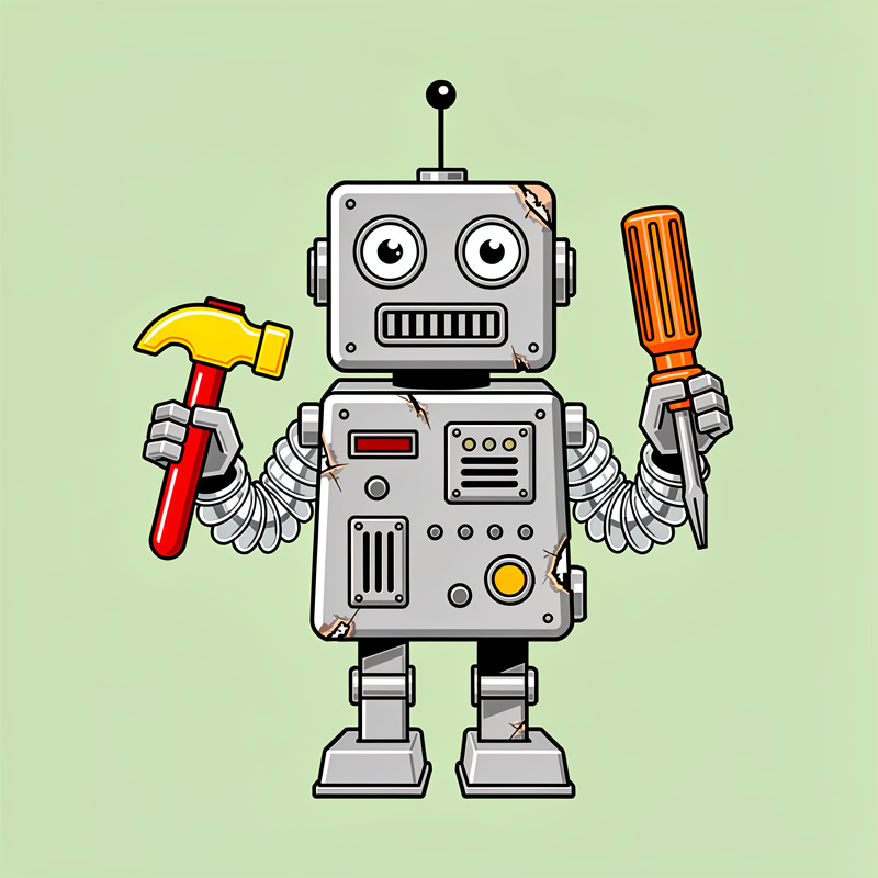 Retro 1970s toy robot with boxy square head, rectangular body, accordion tube arms with claw hands, square head with single antenna on top, two circular eyes, rectangular mouth grille stands centered on a light green background, holding a yellow and red hammer in its left hand and an orange screwdriver in its right hand.