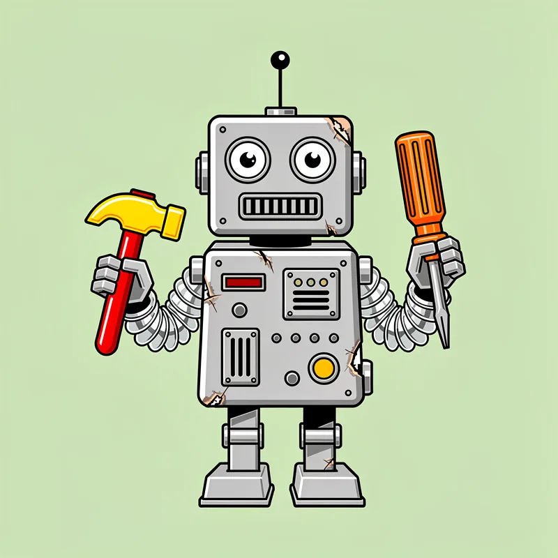 Retro 1970s toy robot with boxy square head, rectangular body, accordion tube arms with claw hands, square head with single antenna on top, two circular eyes, rectangular mouth grille stands centered on a light green background, holding a yellow and red hammer in its left hand and an orange screwdriver in its right hand.