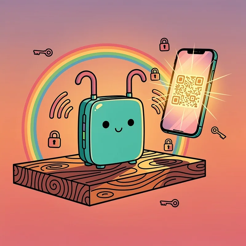 A home wireless router on a wooden shelf with a smartphone beside it scanning a glowing QR code, soft evening light.