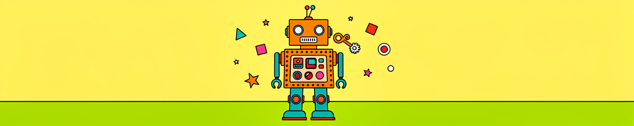 An orange robot with cyan blue arms and legs stands centered on a yellow and lime green split background, featuring large circular eyes, various colored buttons on its chest (red, blue, pink), and decorative geometric shapes (diamonds, stars, circles) floating around it.