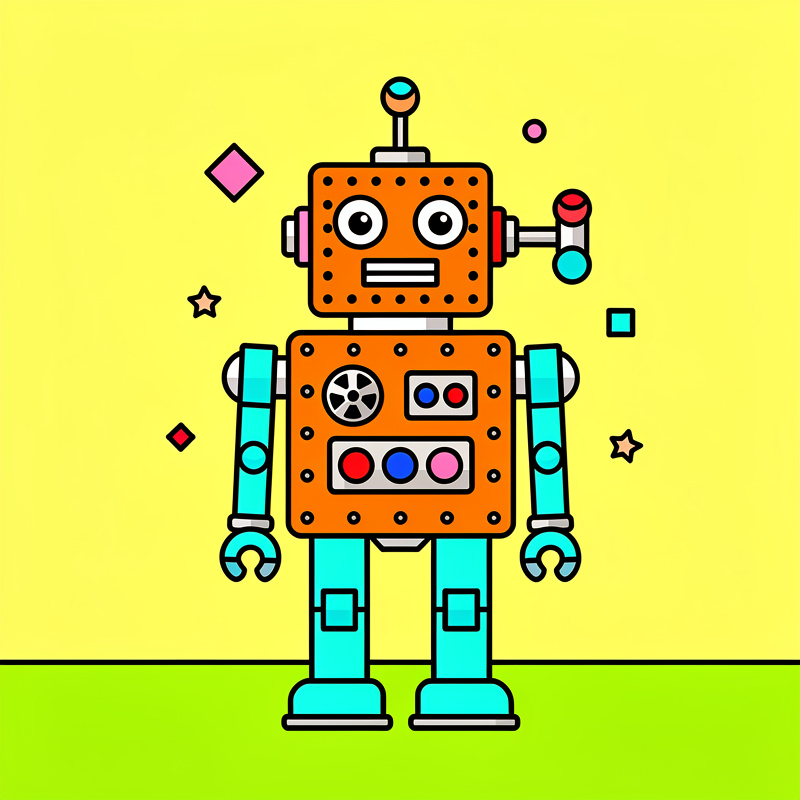 An orange robot with cyan blue arms and legs stands centered on a yellow and lime green split background, featuring large circular eyes, various colored buttons on its chest (red, blue, pink), and decorative geometric shapes (diamonds, stars, circles) floating around it.