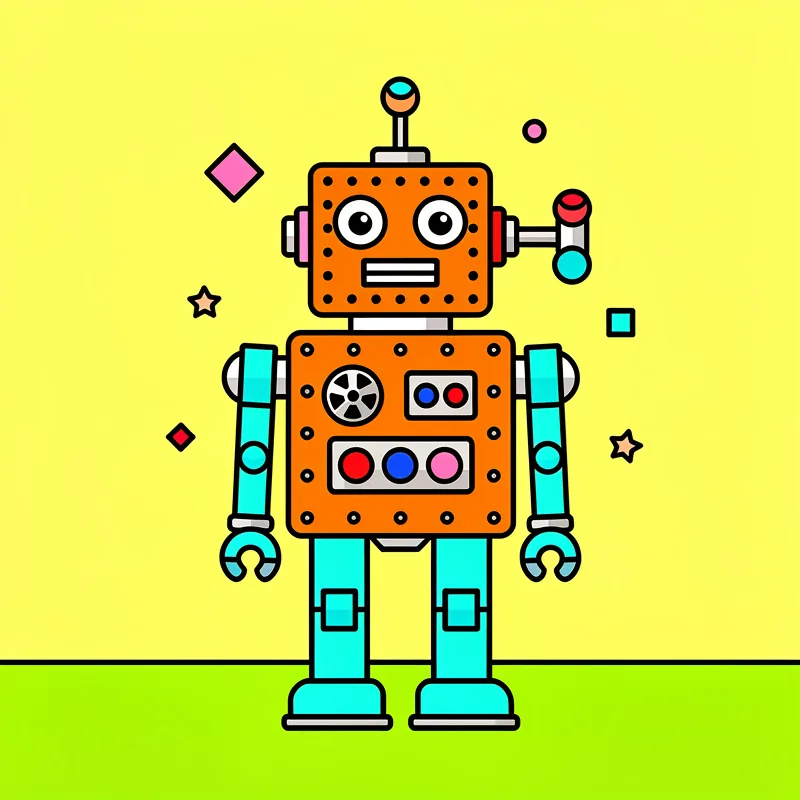 An orange robot with cyan blue arms and legs stands centered on a yellow and lime green split background, featuring large circular eyes, various colored buttons on its chest (red, blue, pink), and decorative geometric shapes (diamonds, stars, circles) floating around it.